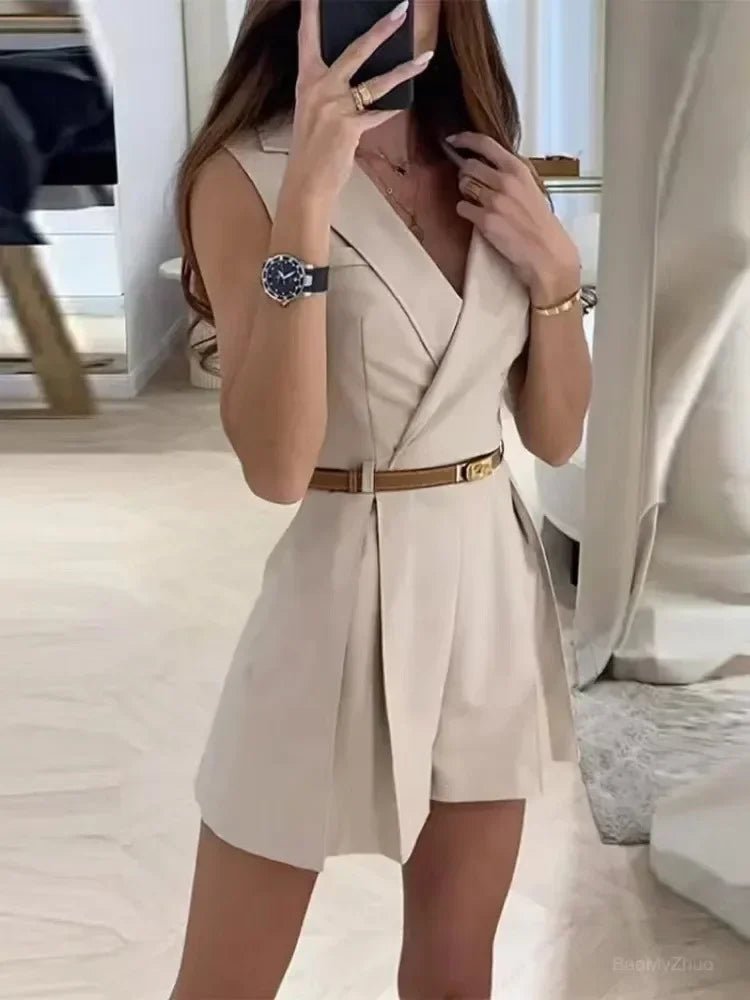 Combinaison Femme Sans Manches À V Coupe Tailorée Ceinture Shorts Plissés Amawinc