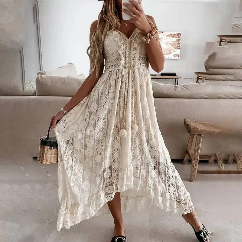 Robe Maxi Bohème En Dentelle Maya Amawinc Polyester Respirant Pour Été Romantique Et Libre Esprit