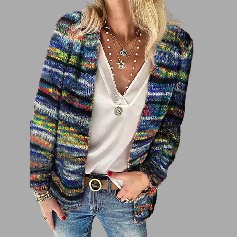 Cardigan Femme En Maille Décontracté Avec Ouverture Frontale Doux Et Chaud Rayures Multicolores