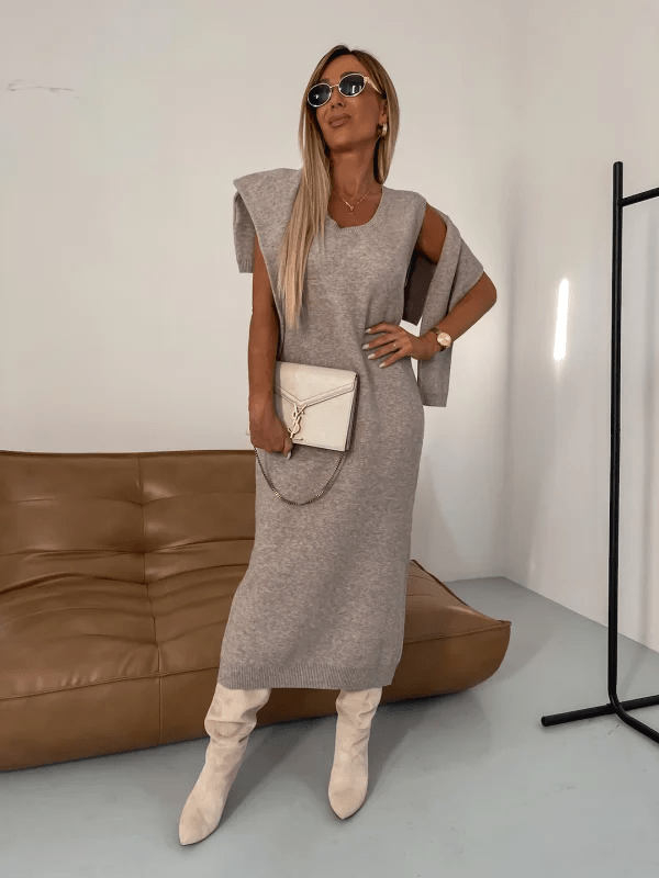 Robe En Maille Femme Amawinc Col Roulé Manches Longues Coupe Décontractée Midi Confortable Élégante