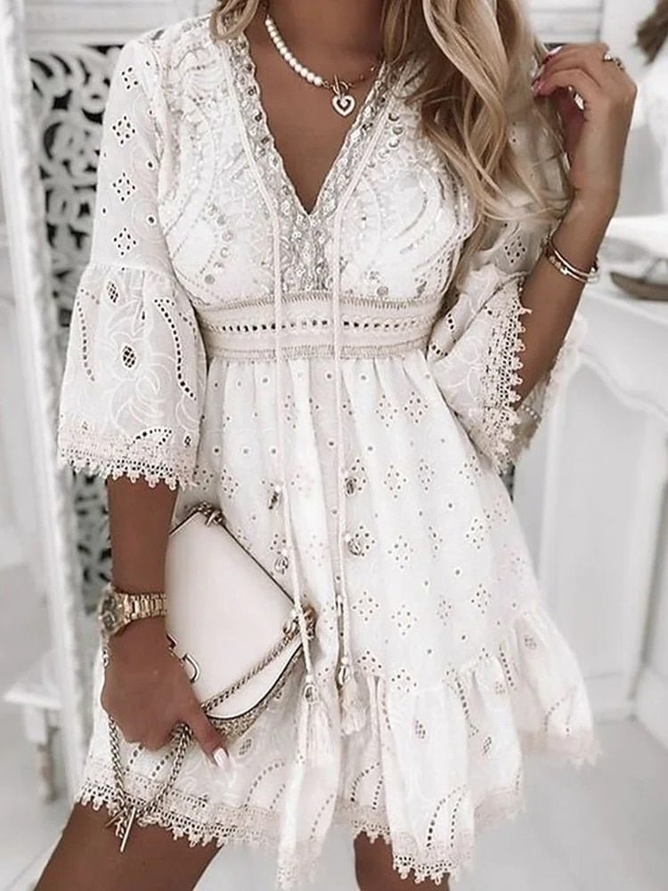 Robe Femme Dentelle Brodée Légère Ample Col V Frangé Manches Trois Quarts Boho Été