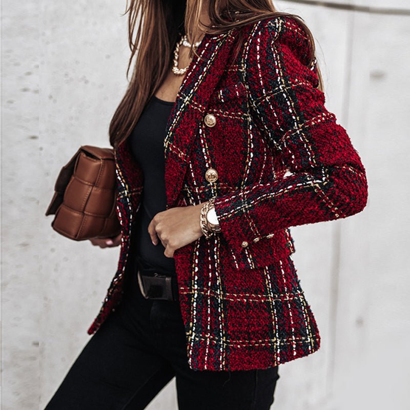 Blazer Femme Tailleur Coupe Double Boutonnage Tweed Motif Carreaux Style Nordique Élégant