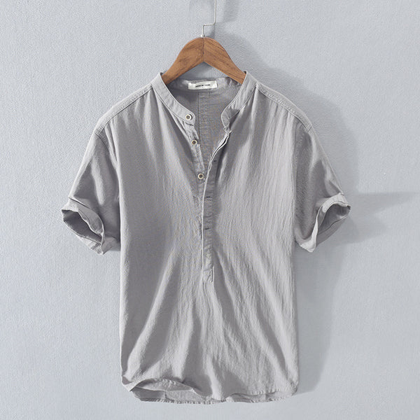 Chemise Henley Homme Respirante Mélange Coton Lin Bouton de Fermeture Décontractée Été Coupe Régulière Bleu Clair