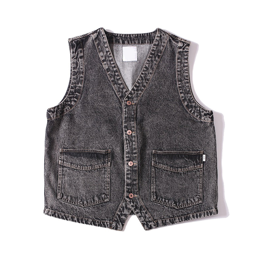 Gilet Sans Manches Utilitaire Bleu Denim Vintage Avec Poches Triples Et Fermeture Bouton En Coton Coupe Regular