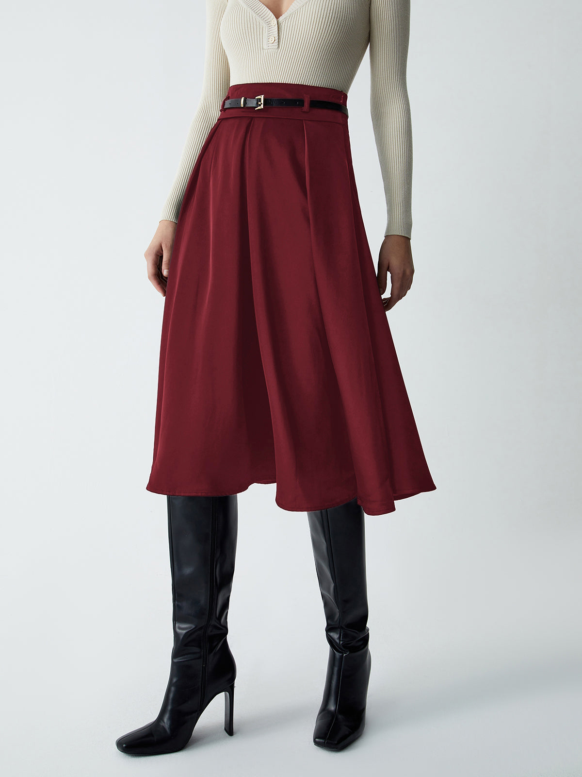 Jupe Midi Ceinturée Old Money Esthétique Par Amawinc Pour Travail Élégant Et Style Quotidien En Polyester