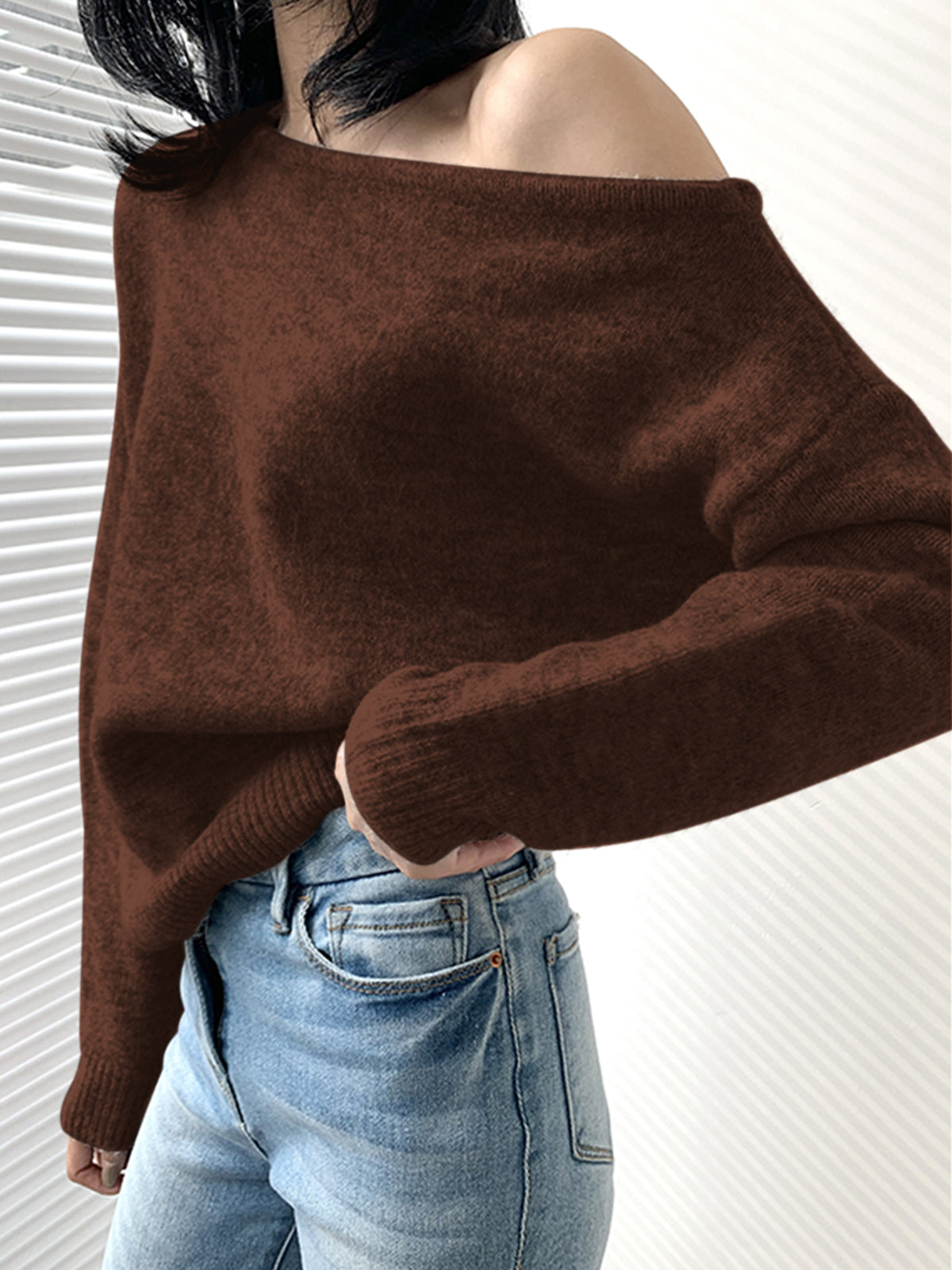 Pull Asymétrique À Une Épaule En Maille Élégant Et Romantique Pour Loisir Décontracté