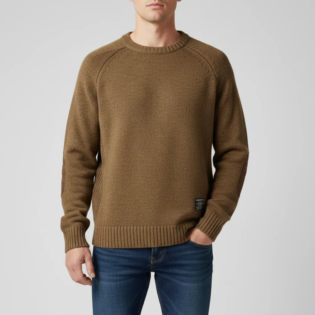 Pull Tricot Homme Avec Patch Coudes Raglan Manche Ourlet Côtelé Rouge Classique Amawinc