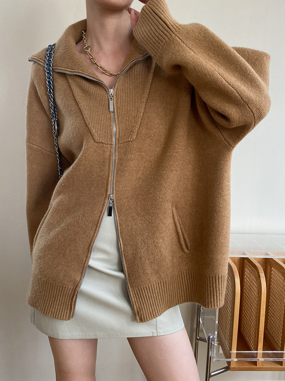 Cardigan Oversize Col Ouvert En Maille Tricot Décontracté 50 Pour Cent Acrylique Et Polyamide
