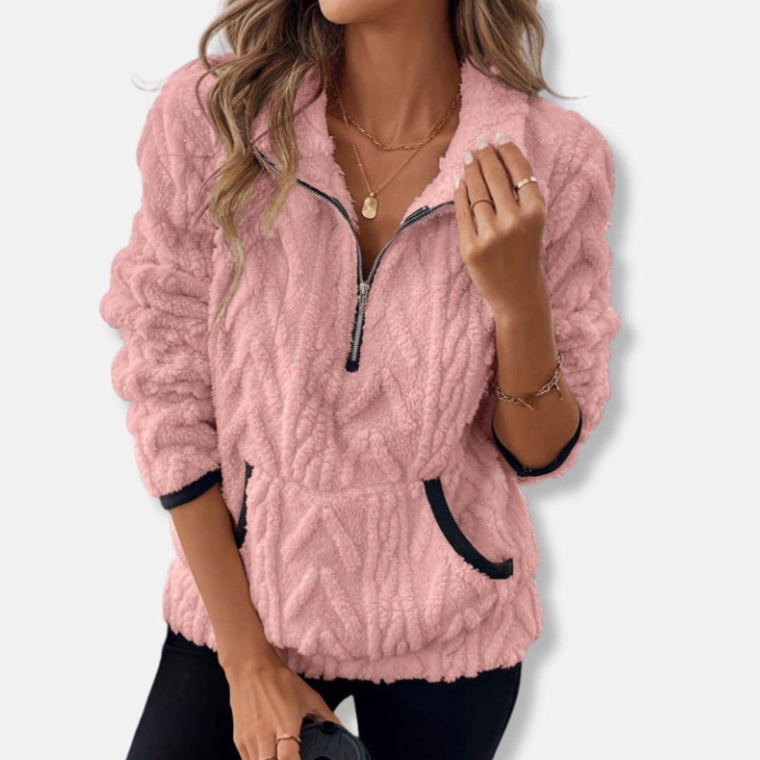 Pull Femme Col Montant Polaire Demi Zip Poche Kangourou Doux Et Confortable Pour Tous Les Jours