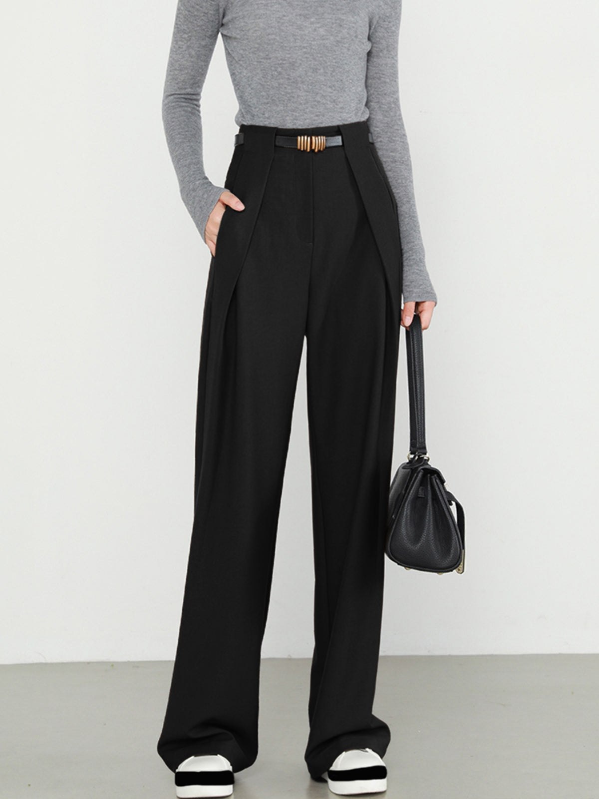 Pantalon Droit À Poches Simples À Taille Haute Élégant Pour Loisirs Et Travail Longueur Classique