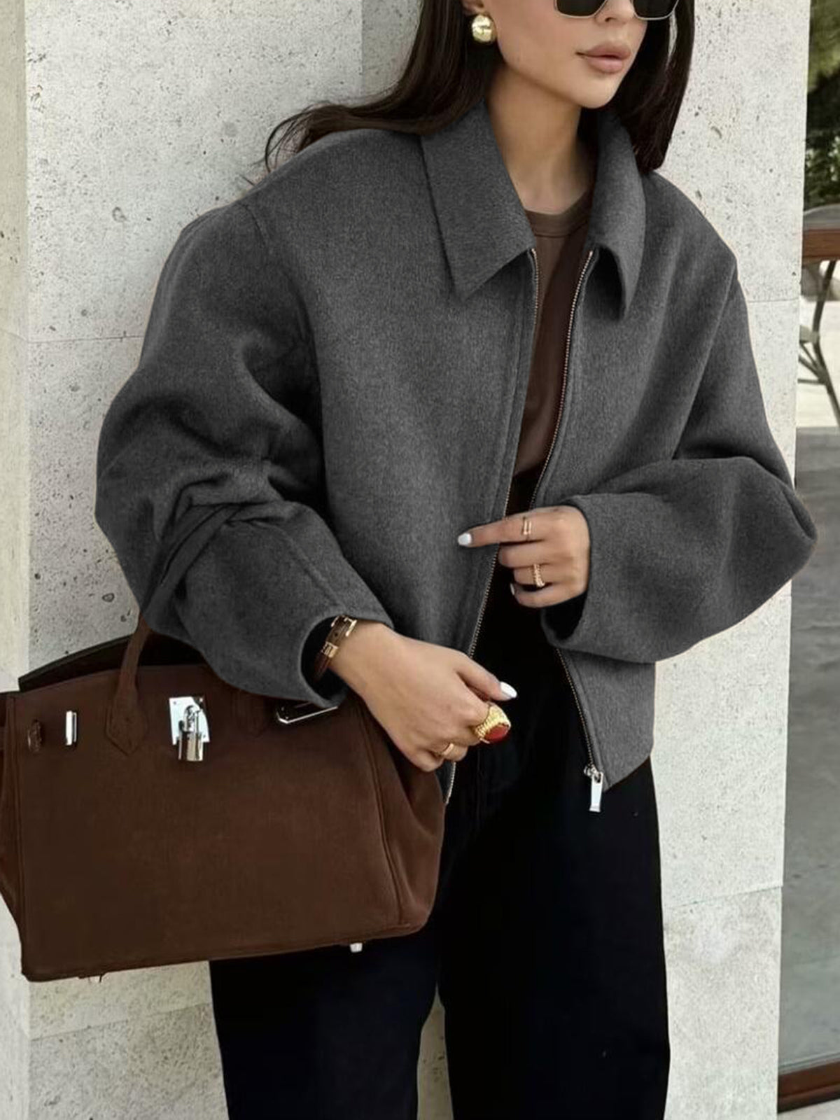Veste Tweed Unie À Fermeture Éclair Décontractée Et Élégante Manches Longues Polyester Pour Travail Et Loisirs