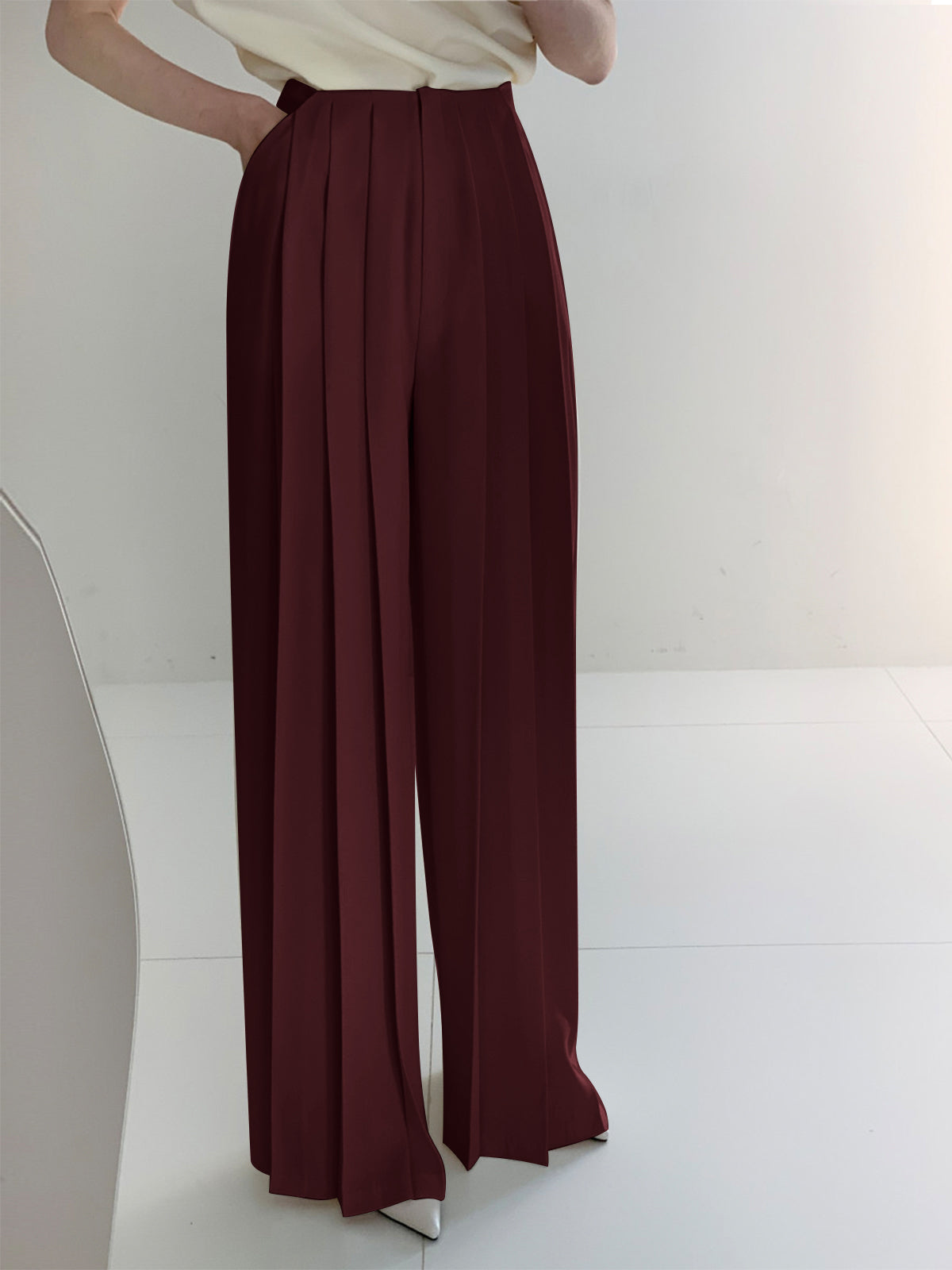 Pantalon Plissé Taille Haute À Jambe Large Élégant En Tissu Tissé Polyester Élasthanne Pour Travail Mariage Loisirs