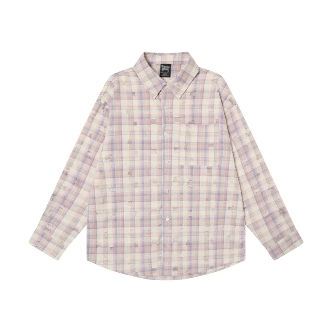 Chemise Le Carré Déchiré En Coton À Carreaux Plaid Déchiré Avec Col Chemise Et Poche Poitrine