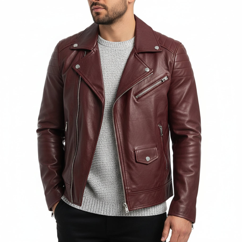 Veste Biker En Cuir Homme Avec Zip Asymétrique Et Épaules Matelassées Pour Coupe Slim
