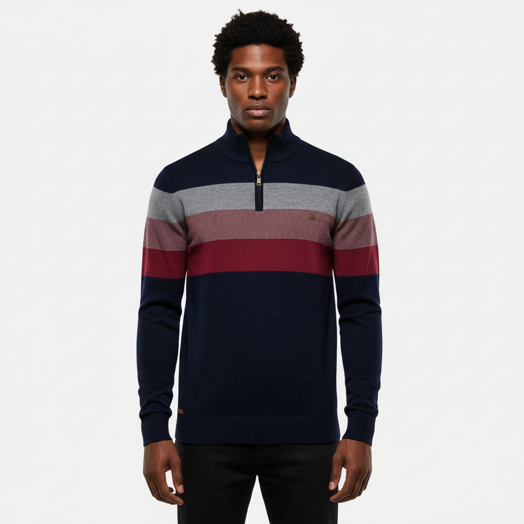 Pull Homme Rayé À Demi Zip Col Montant Amawinc Maille Côtelée Chaud Décontracté Polyvalent