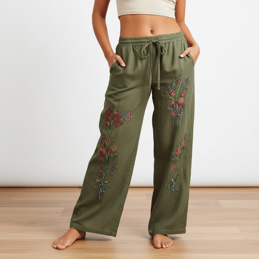 Pantalon Femme À Jambe Large À Cordon De Serrage Et Taille Haute Boho Décontracté