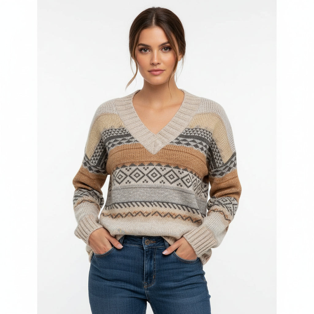Pull Femme Col V Bloc De Couleurs Avec Motif Chevron Et Bord Côtelé Confortable Et Polyvalent