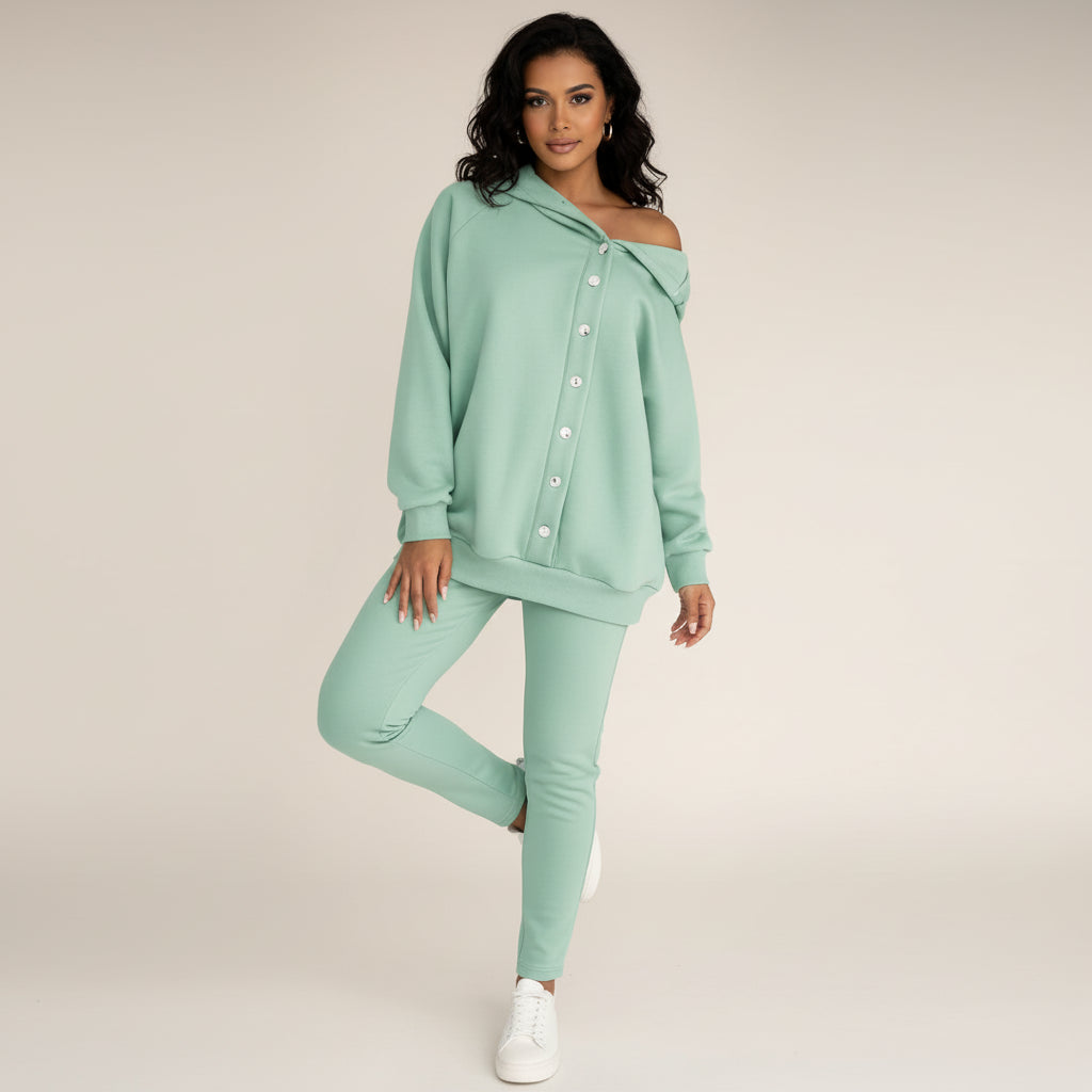 Ensemble Sweat À Capuche Pour Femme Avec Leggings Coordonnés Détail Bouton Poche Kangourou Confort Style