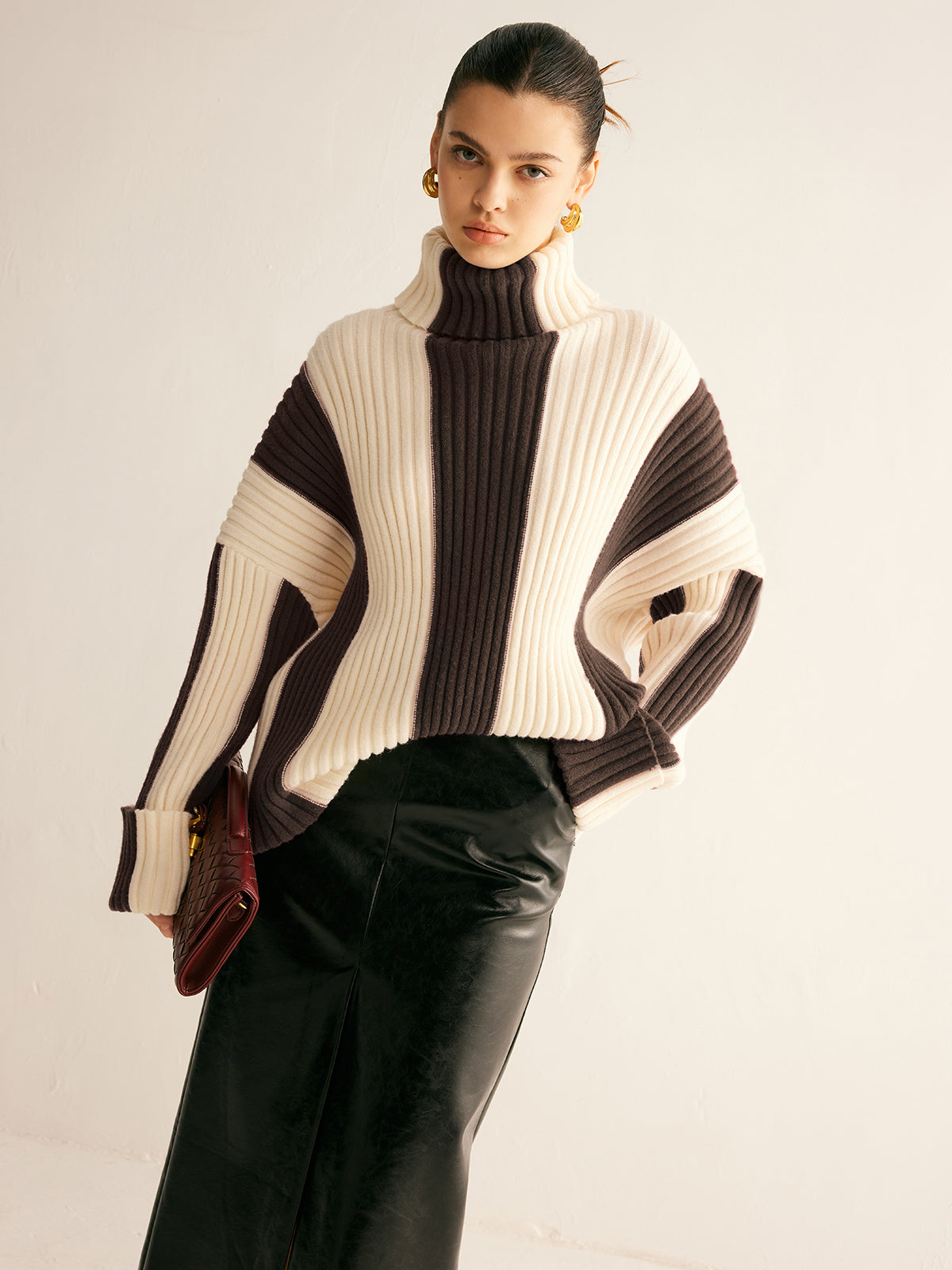 Pull Col Roulé Côtelé Bicolore Chic Pour Le Travail et Loisirs Épais Confortable Durable