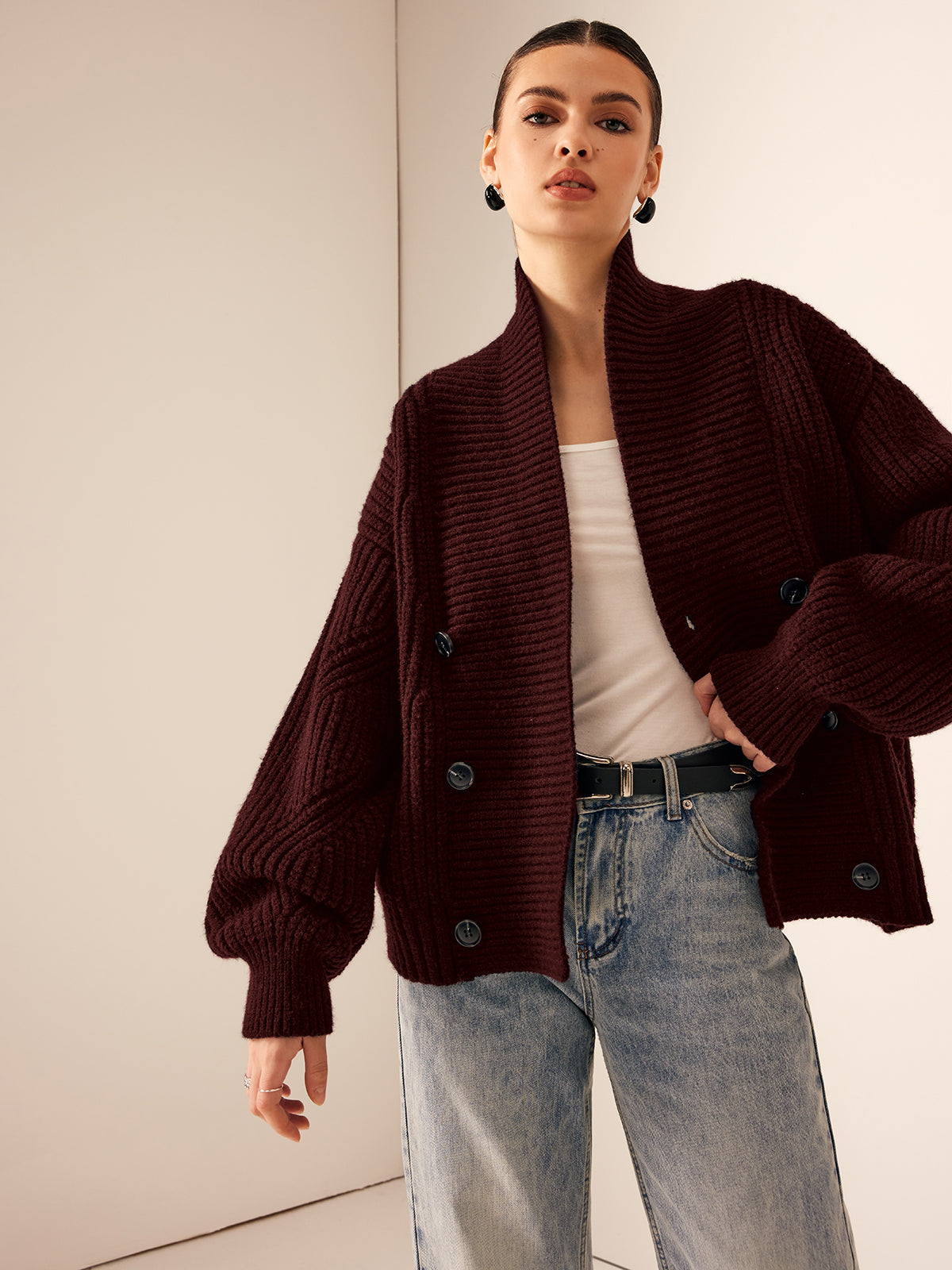 Veste Tricotée à Revers Côtelée Boutonnée Chaude pour Loisirs Décontractés Style Confort et Élégance
