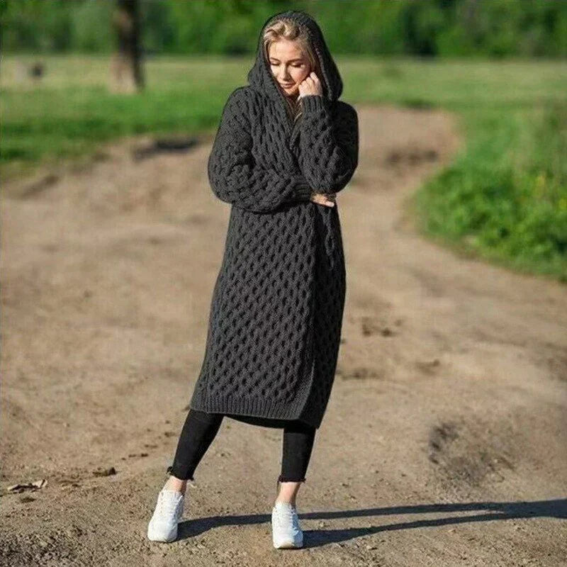 Cardigan À Capuche Femme En Tricot Épais Décontracté Avec Tricot Câblé Et Ouverture Longue