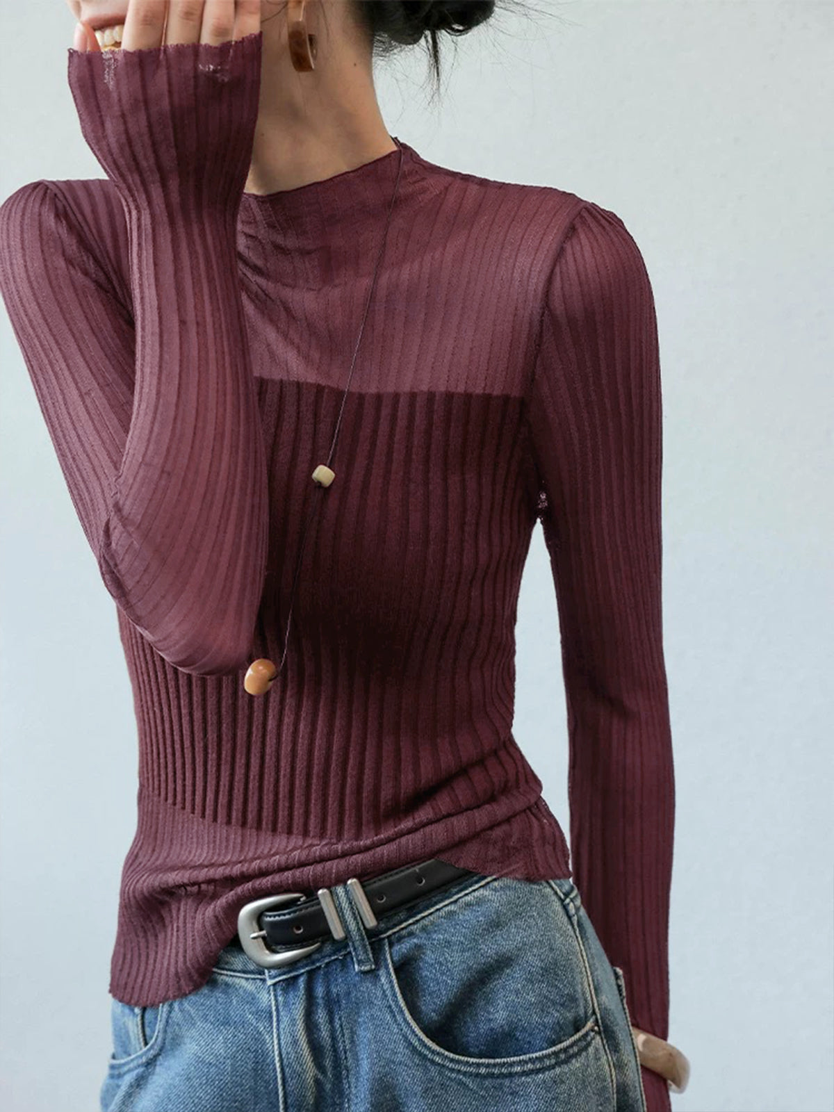 Pull Slim En Maille Côtelée Avec Panneaux Transparents Viscose Polyester Décontracté Pour Le Travail Et Loisirs