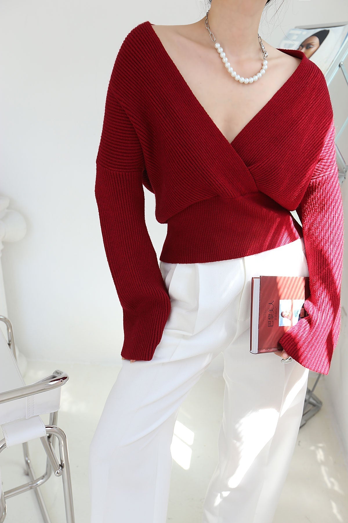 Pull Enveloppant Décontracté en Maille Polyester Élasthanne pour Femme Style Casual Usage Travail Loisir