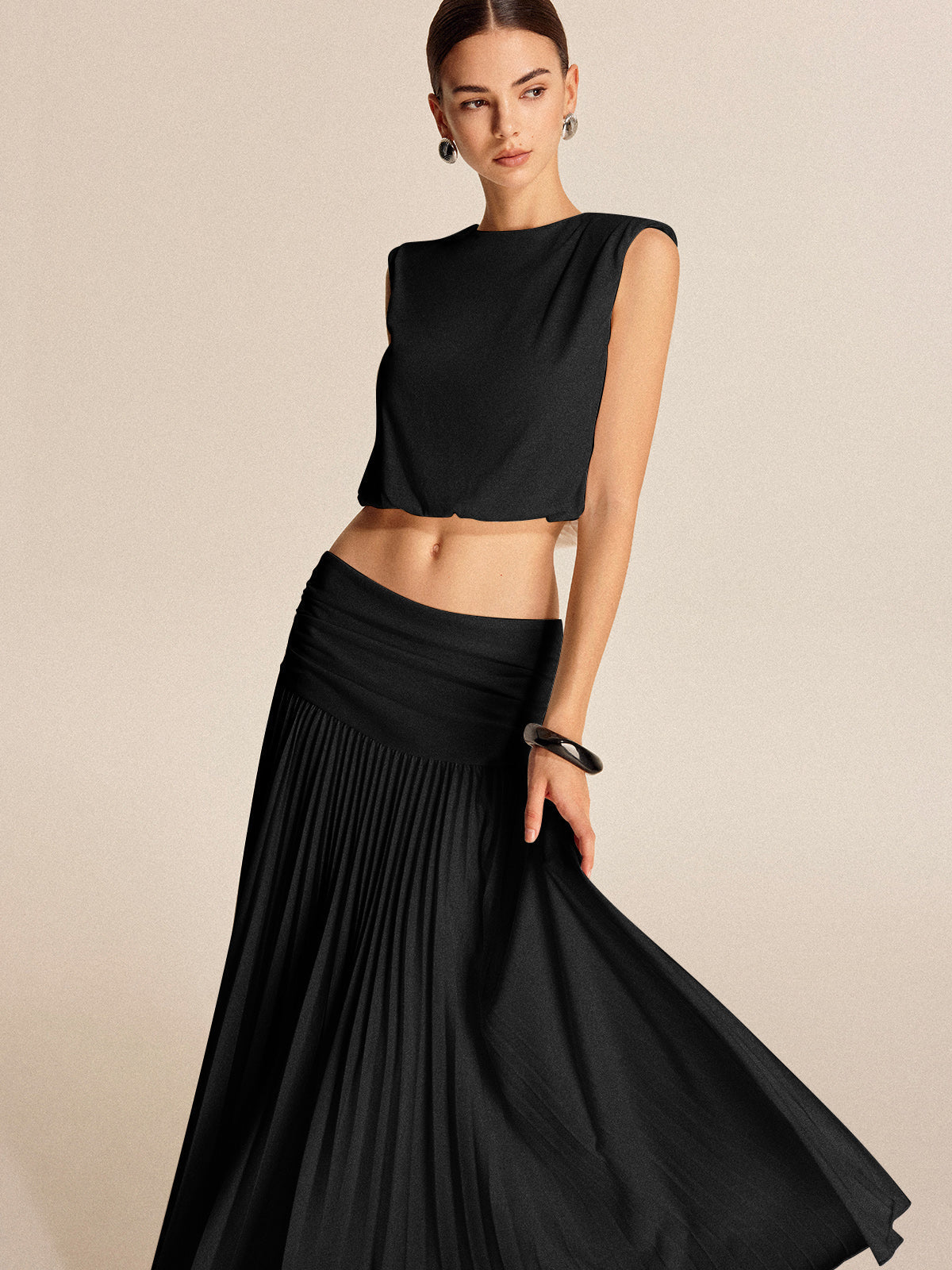 Ensemble Jupe Plissée Et Haut À Épaules Rembourrées En Polyester Léger Pour Mariage Et Loisirs