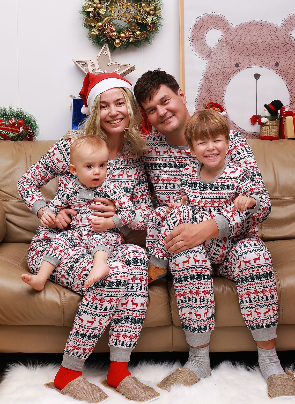 Pyjama Famille Assorti Noël pour Parents et Enfants Vert Motif Flocons de Neige Ensemble