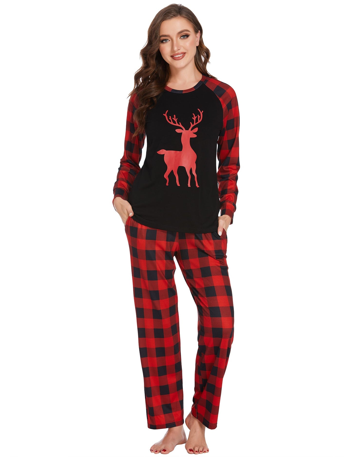 Ensemble Pyjama Noël Pour Couples À Carreaux Rouges Avec Motif Renne Pour Lui Et Elle