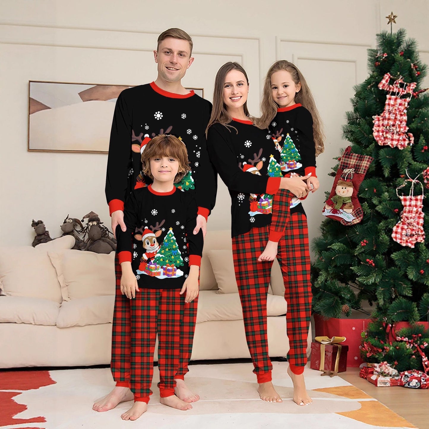 Ensemble Pyjama Famille De Noël Pour Hommes Femmes Et Enfants Coordonné Rouge À Carreaux