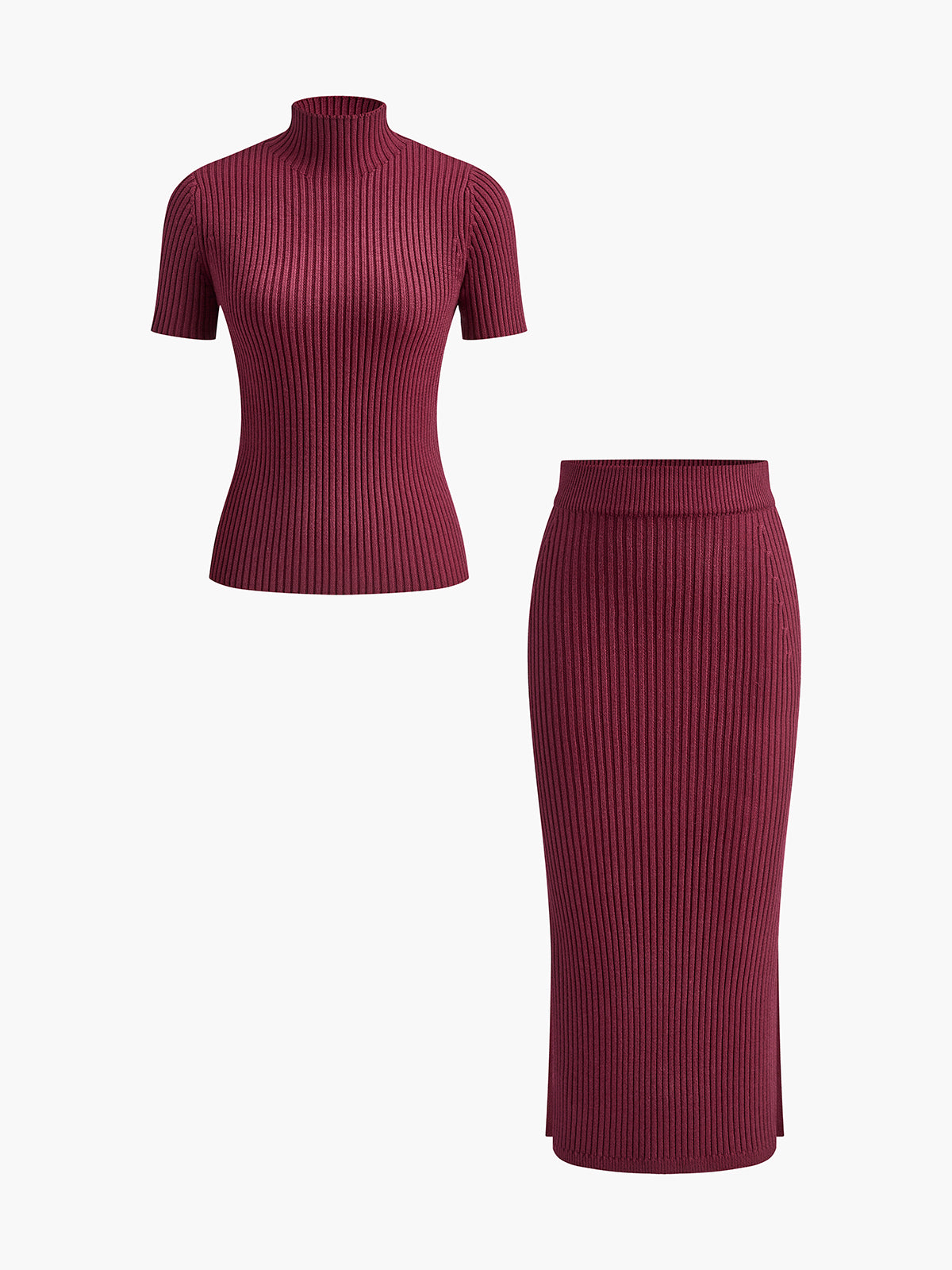 Ensemble Jupe et Haut Tricot Côtelé à Col Haut avec Fente Deux Pièces pour Loisirs Élégant