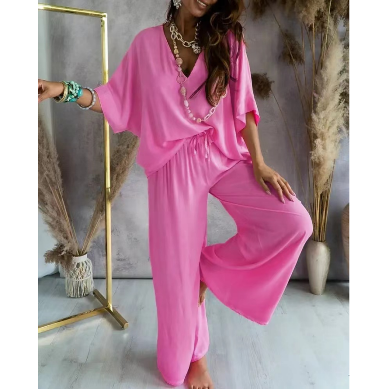Ensemble Loungewear Femmes Col V Oversize Tissu Doux Et Respirant Pantalon Large Confortable