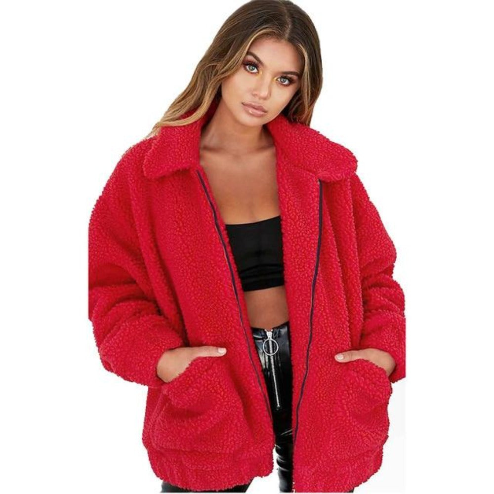 Veste Femme Oversized En Polaire Peluche Avec Zip Et Col Haut Pour Un Style Décontracté