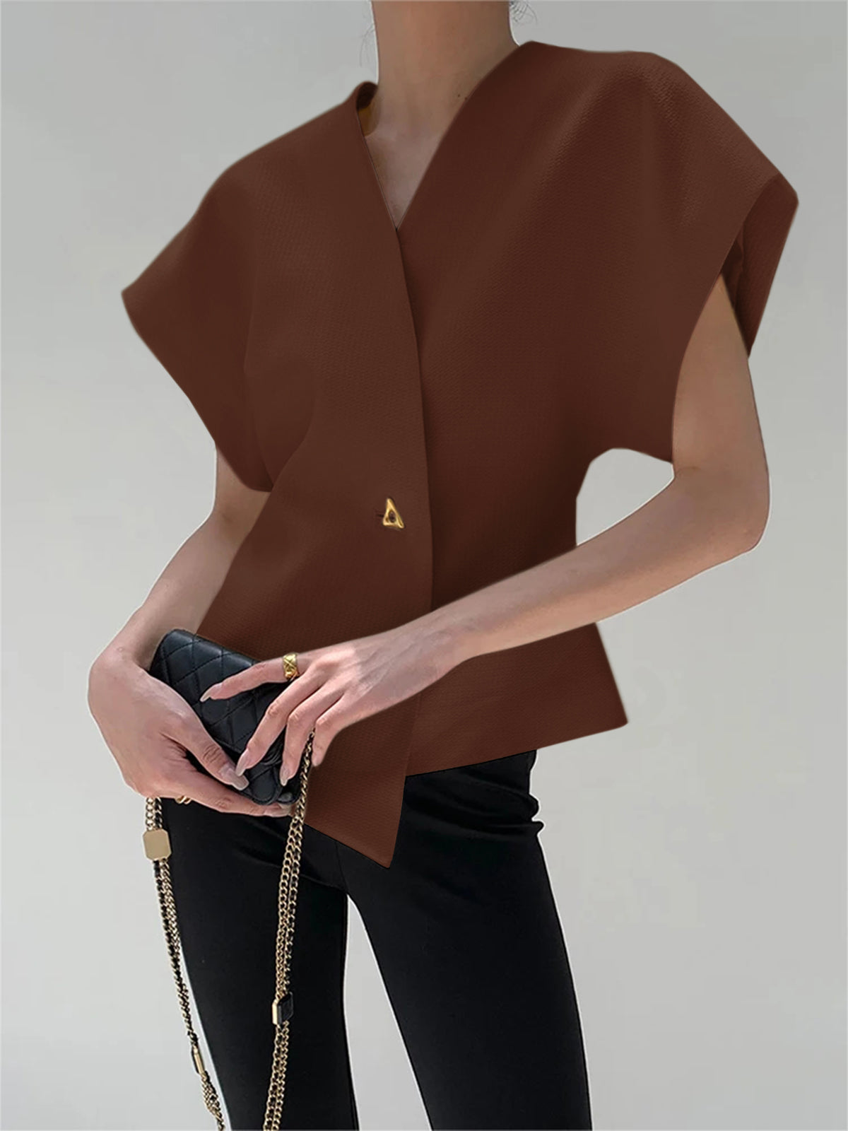 Blouse Décolletée Col V Boutonnée En Polyester Léger Sans Manches Pour Travail Et Loisirs Chic