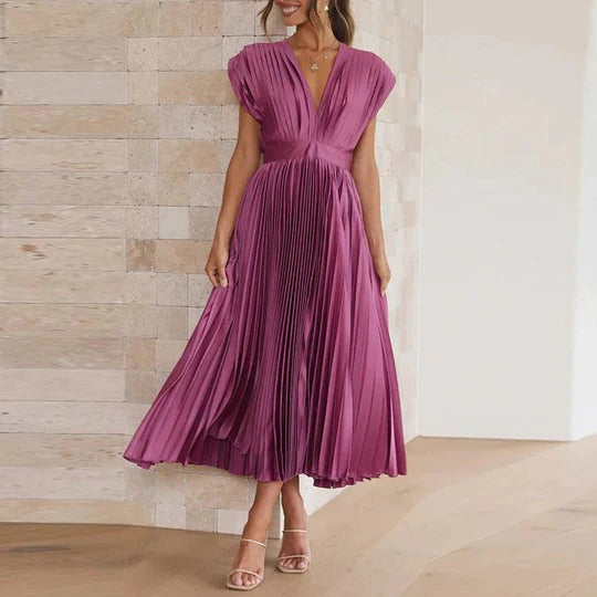 Robe À Col V Avec Nœud Arrière Midi Élégante Et Confortable Plissée Ajustable Polyvalente