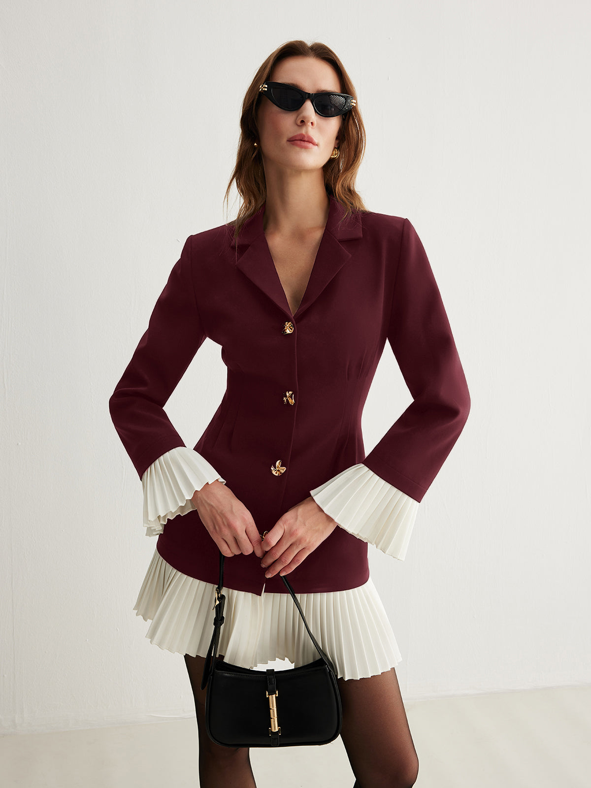 Robe Bicolore À Encolure V Plis Boutons Devant Pour Bureau Et Week End Polyvalente Moderne