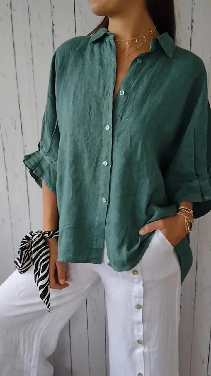 Chemise Femme En Lin 100 Pourcent Coupe Décontractée Manches Longues Poignets Ajustables