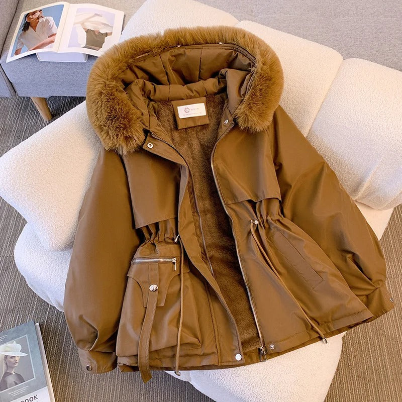 Yieshaella Damen Winterjacke mit Kunstfellkragen