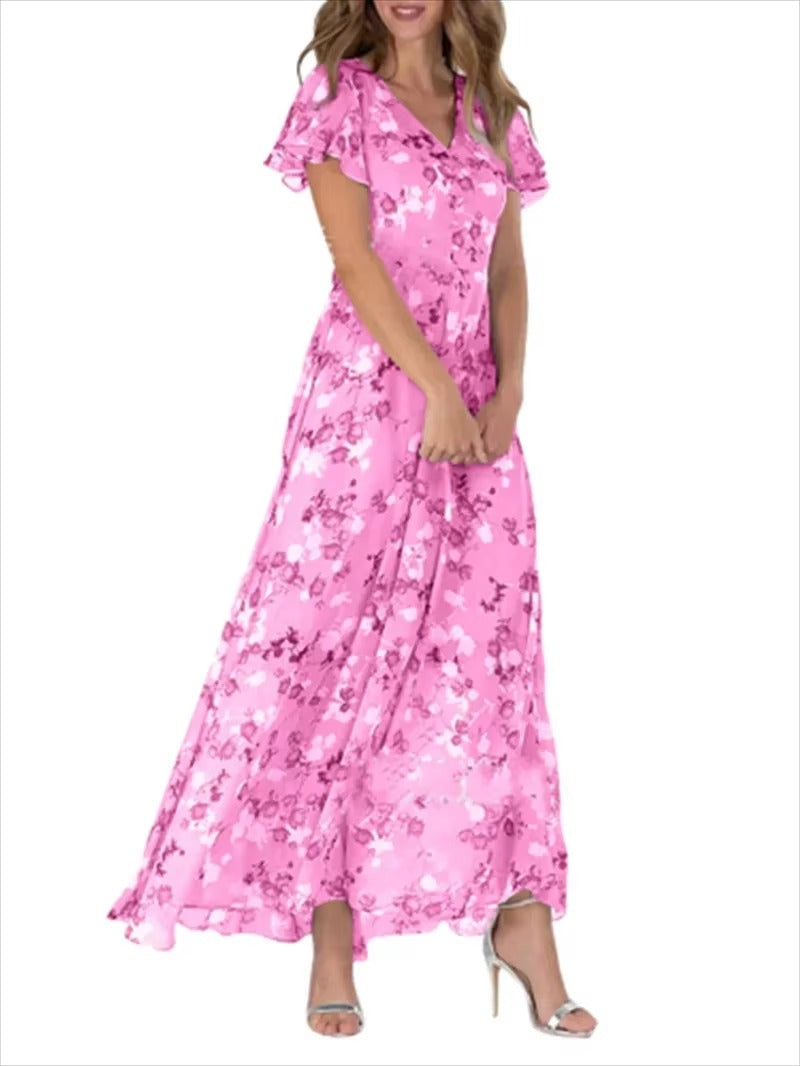 Robe Femme Élégante Décolleté En V Avec Manches Volantes Imprimé Floral Taille Haute