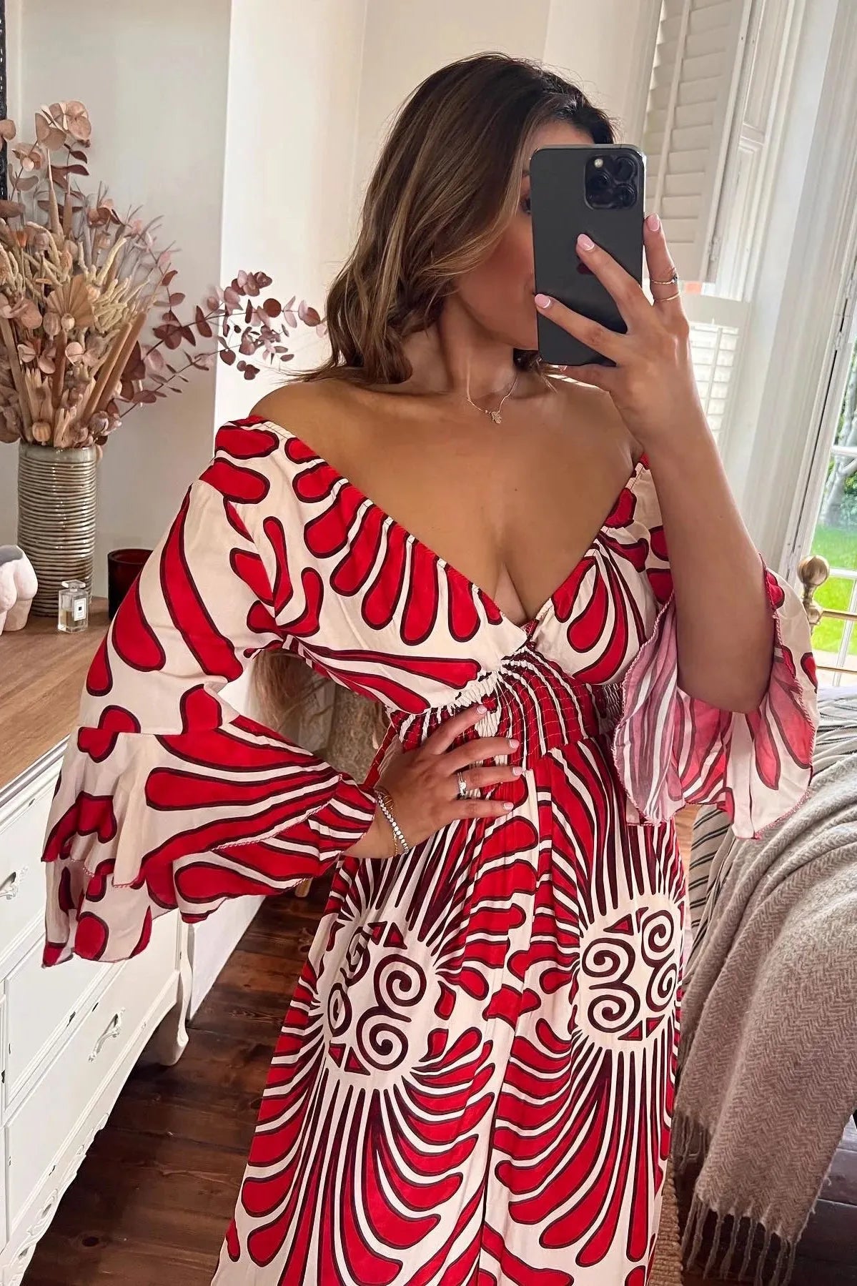 Combinaison Femme Encolure en V Manches Amples Taille Smockée Pantalon Évasé Look Bohème