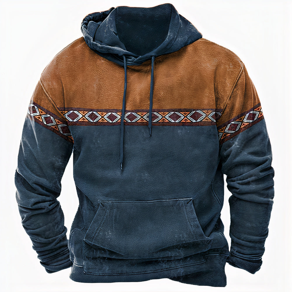 Sweat À Capuche Homme Style Rétro Chaud Décontracté Avec Motif Bloc Couleur Vintage Et Détails Tribaux