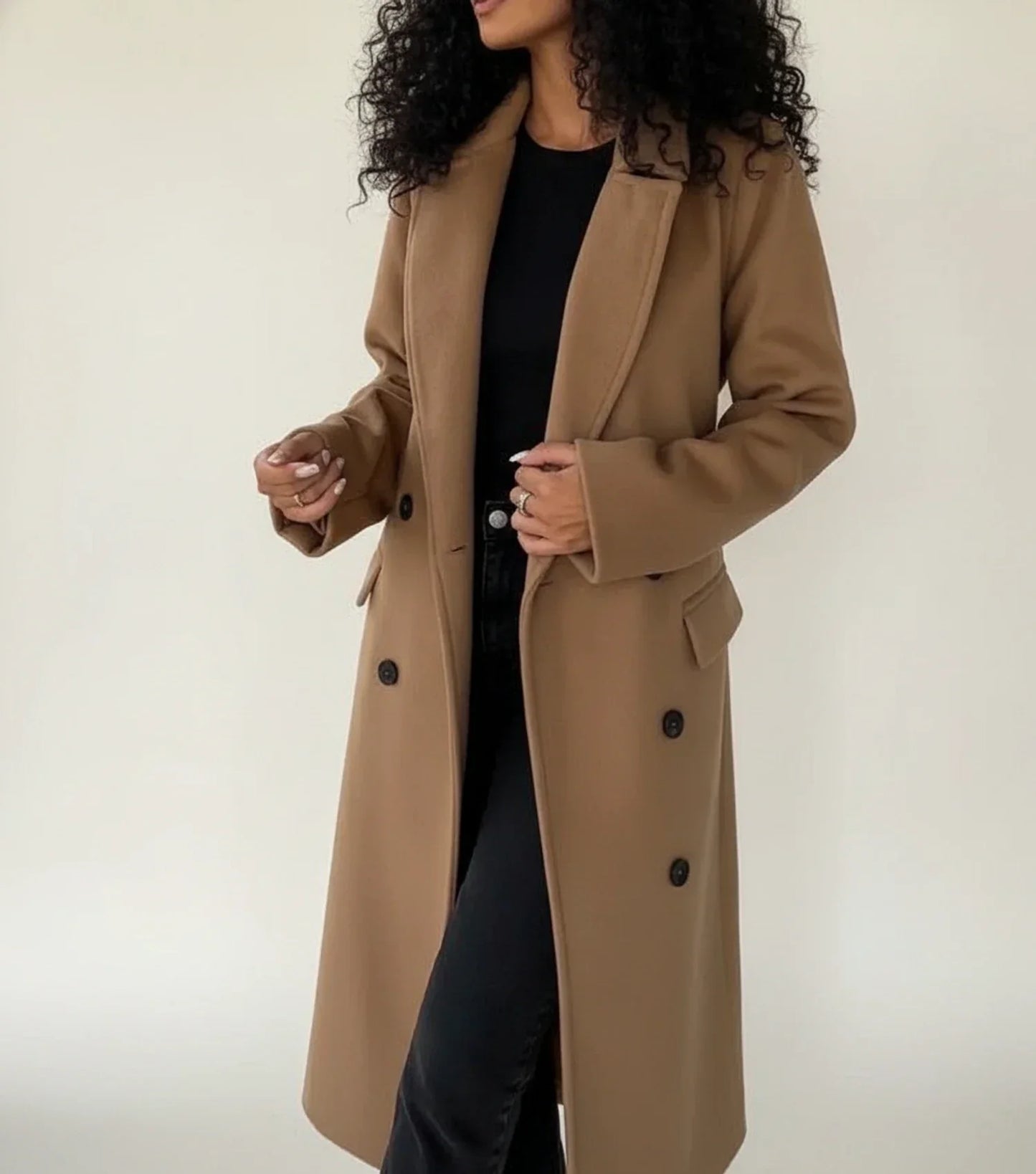 Manteau Midi D'Hiver Ceinturé Pour Femme Double Boutonnage Col Revers Classique
