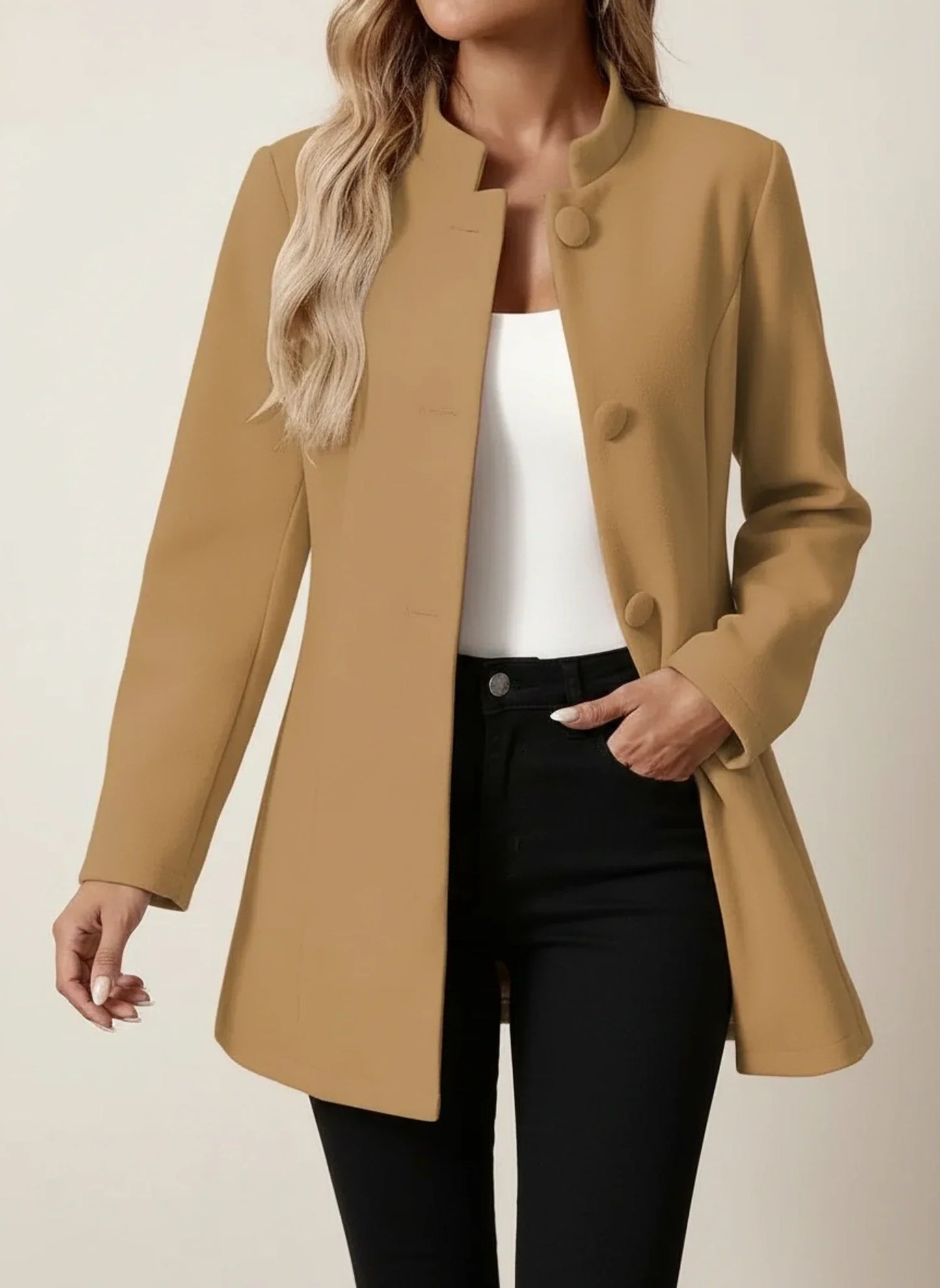 Veste Blazer Femme Col Montant Décontracté Professionnel Avec Poches Frontales Et Coupe A Ligne