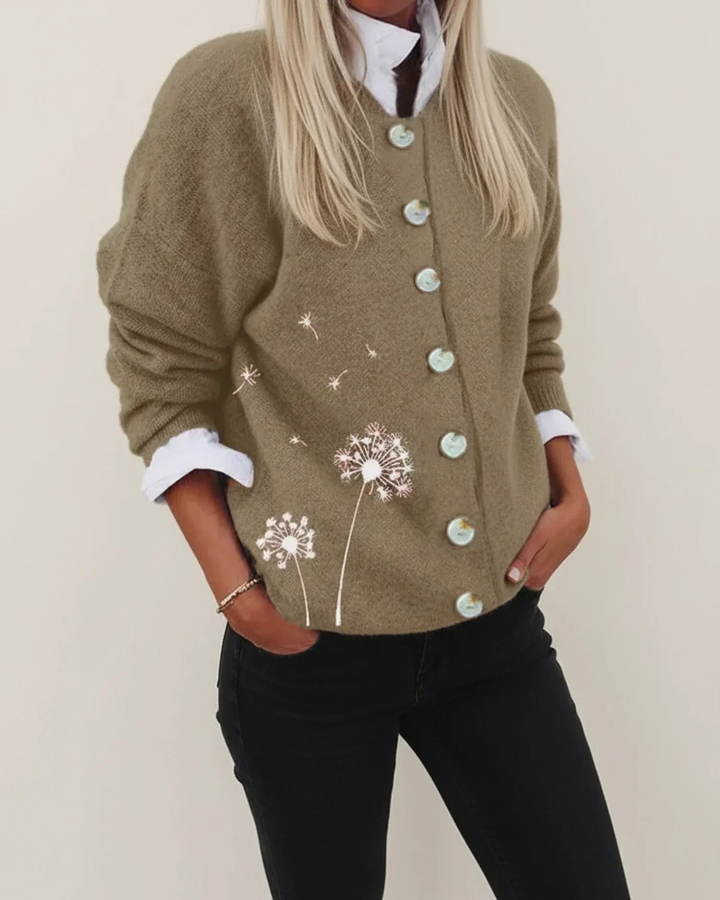 Cardigan Femme Décontracté Bouton Devant Hiver Col Rond Avec Graphique Pissenlit Confortable Et Polyvalent