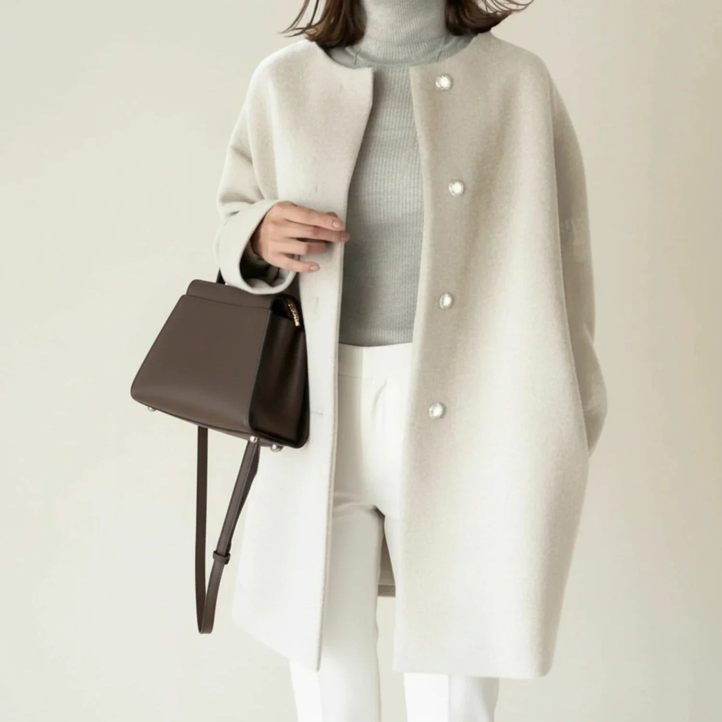 Manteau D'Hiver Minimaliste Sans Col Pour Femmes Avec Boutonnage Devant Coupe A Line Tenue Quotidienne Et Élégante