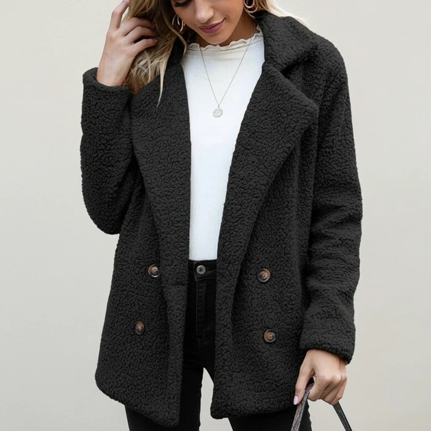 Manteau Teddy Double Boutonnage Pour Femme Silhouette Classique Avec Col et Manches Longues