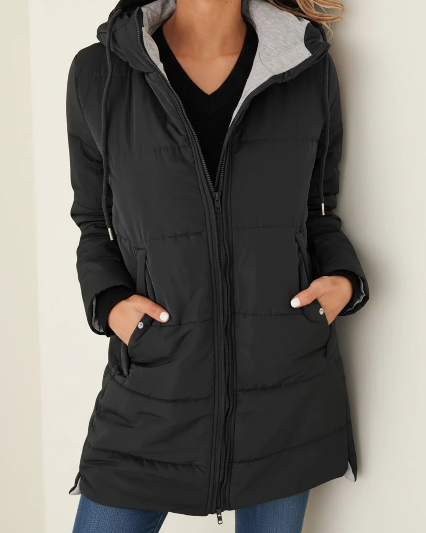 Veste D'Hiver Longue Matelassée À Capuche Pour Femme Avec Fermeture Éclair Et Poches Pratiques