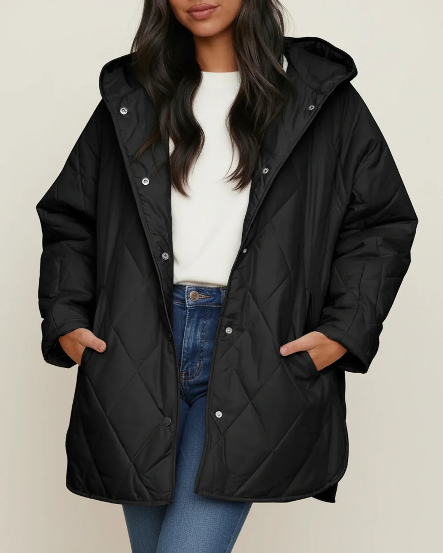 Veste Hivernale Oversize Pour Femme Capuche Matelassée Boutons Poches Patch Longue Silhouette