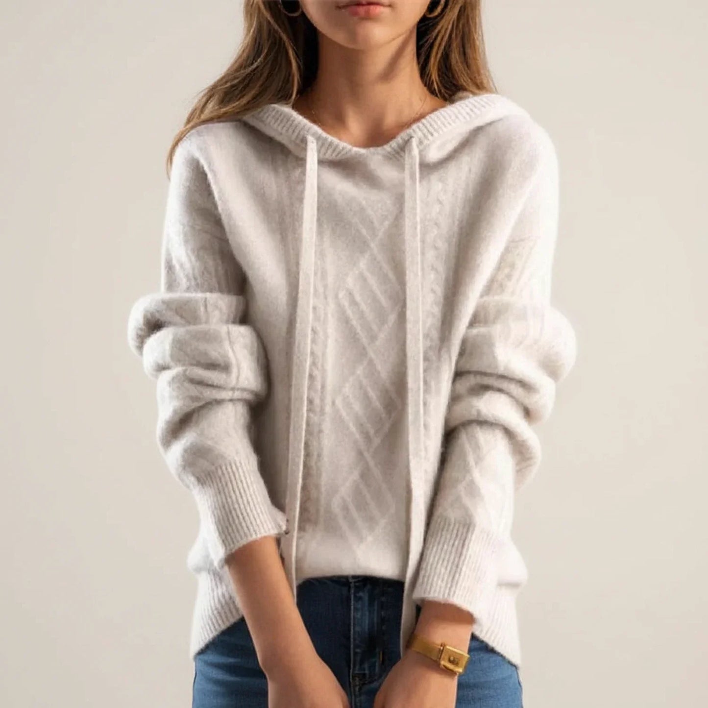 Pull Capuche Femme En Maille Câble À Cordon Douillet Et Confortable Pour Hiver Style Décontracté